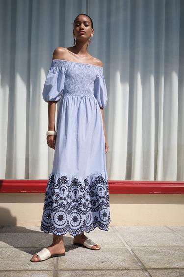 STRIPED EMBROIDERED MIDI DRESS - Blue / Indigo by Zara