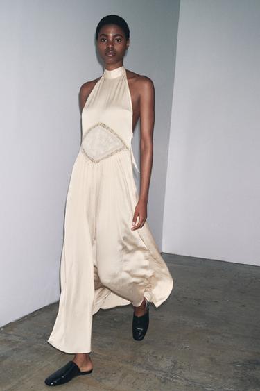 Zara Orta-ekru - İŞLEMELİ MİDİ ELBİSE