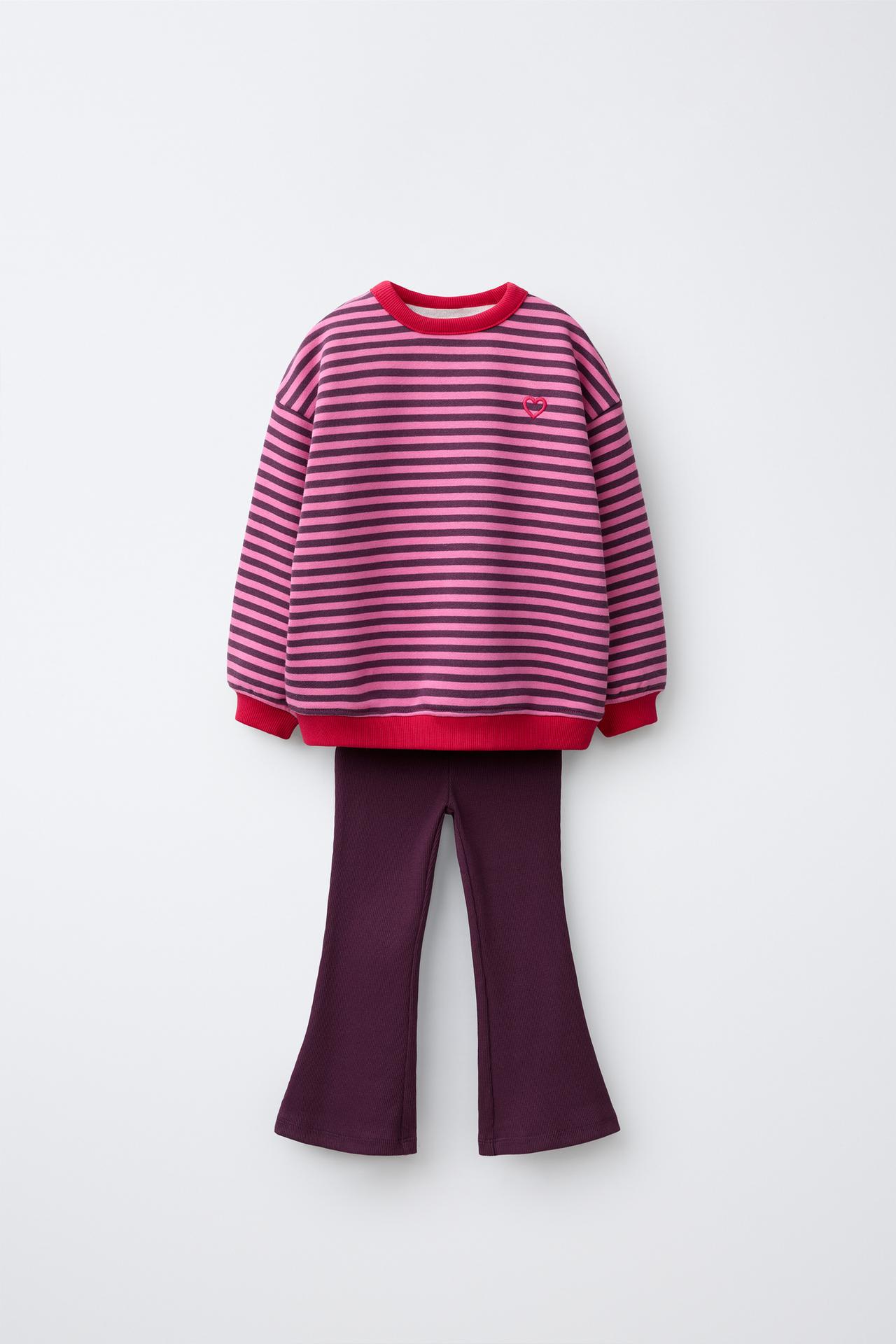 STRIPED SWEATSHIRT AND FLARE LEGGING SET — Pink marl