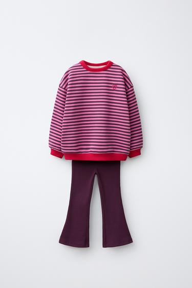 Zara STRIPED SWEATSHIRT AND FLARE LEGGING SET - Pink marl