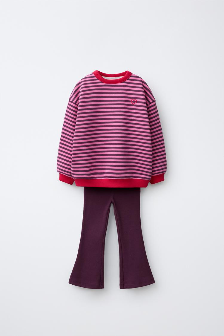 STRIPED SWEATSHIRT AND FLARE LEGGING SET — Pink marl
