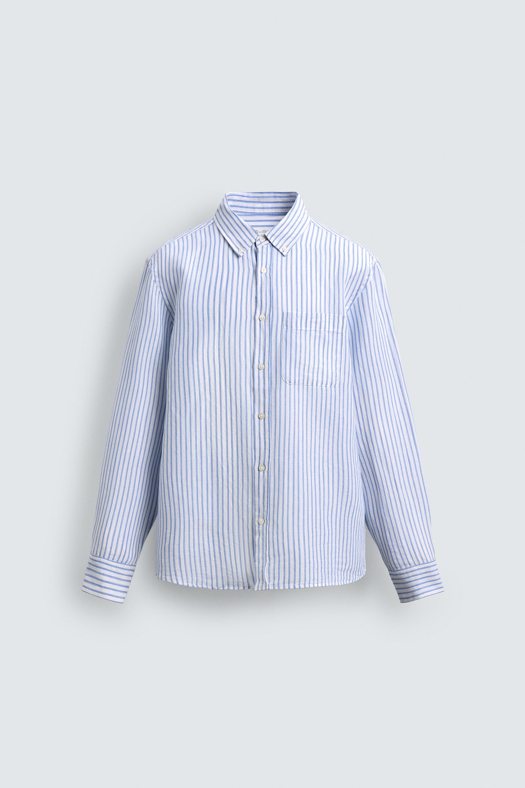 REGULAR FIT LINEN-COTTON SHIRT — Blue/White