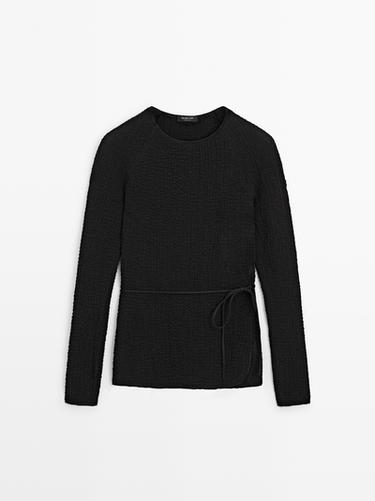 Zara T-shirt with tie detail - Black - Image 0