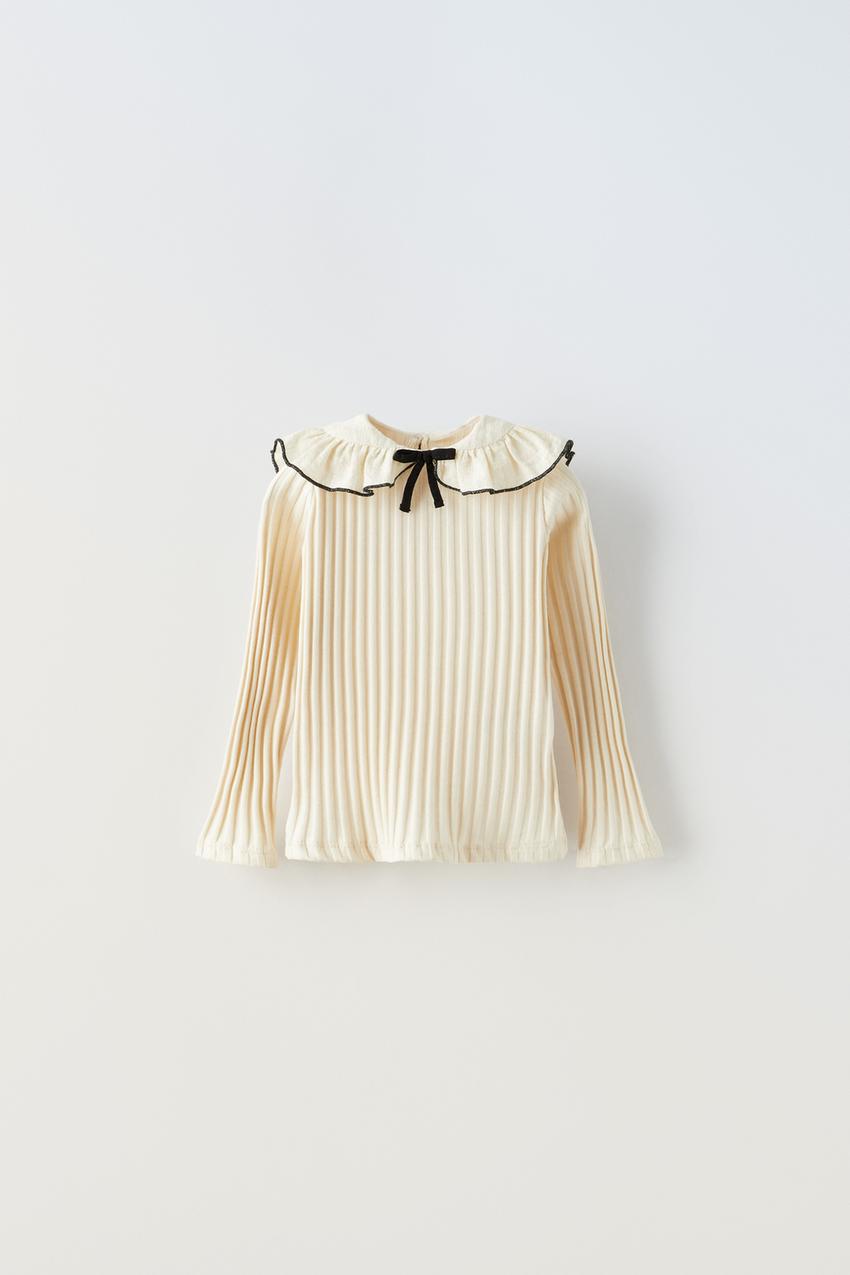 RIBBED TOP WITH BOW AND COLLAR DETAIL - Ecru