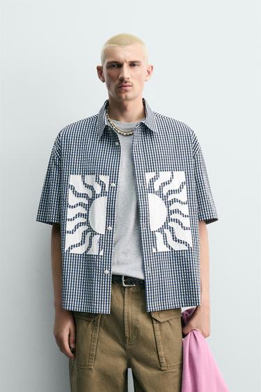 CAMISA BOXY FIT CUADROS PARCHES CONTRASTE - Azul / Blanco de Zara