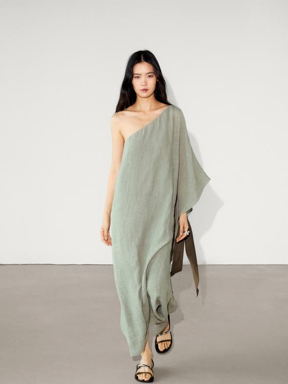 Long linen dress with asymmetric neckline Sea green ZARA Canada