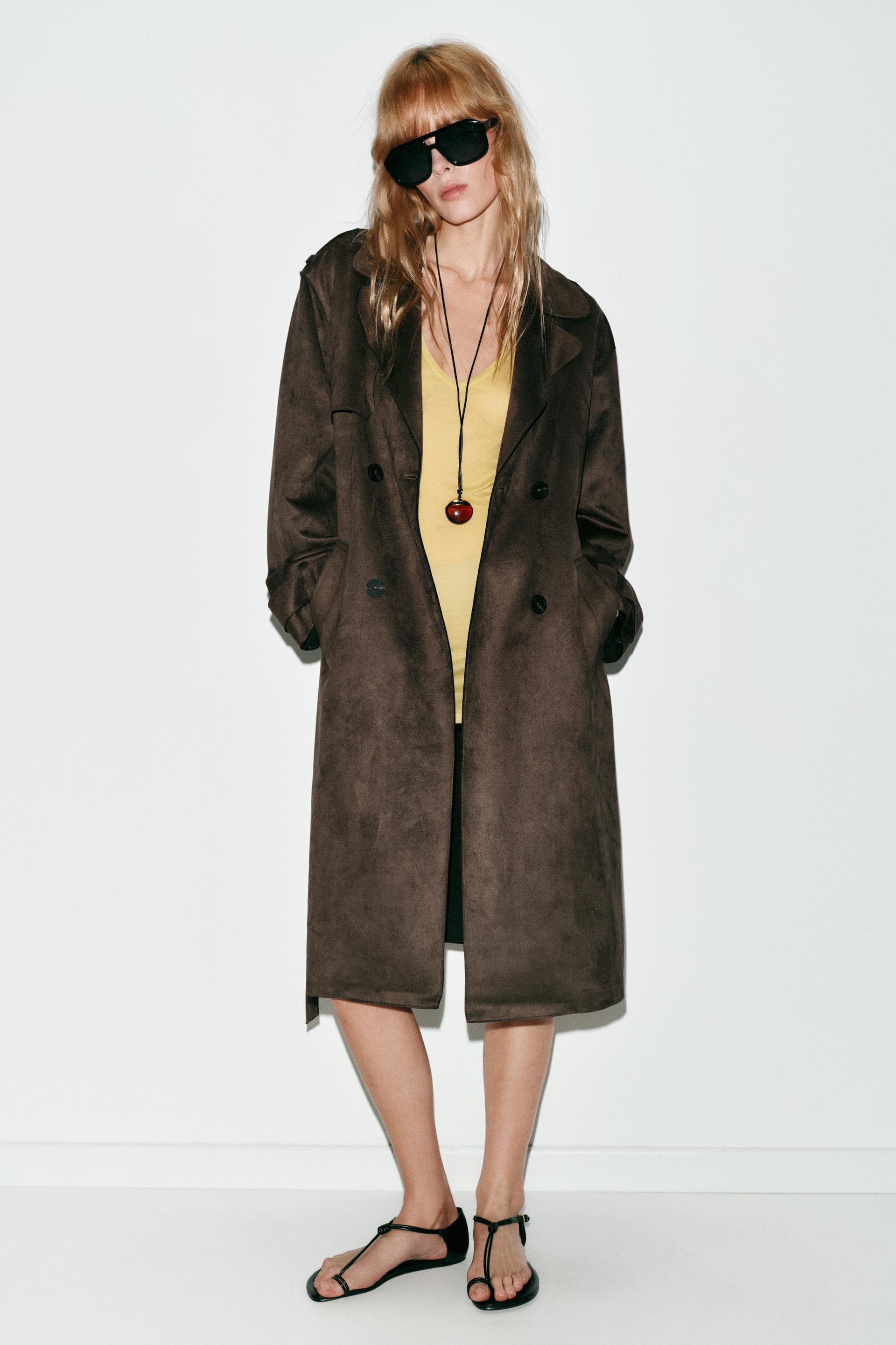 Long Faux Suede Belted Trench Coat