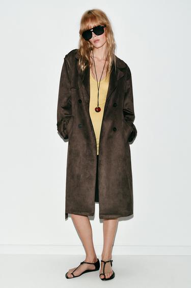 LONG SUEDE-EFFECT BELTED TRENCH COAT — Light khaki 1