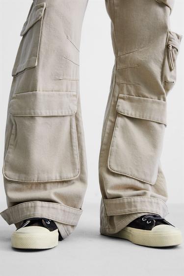 Zara DENIM CARGO PANTS WITH POCKETS - taupe brown