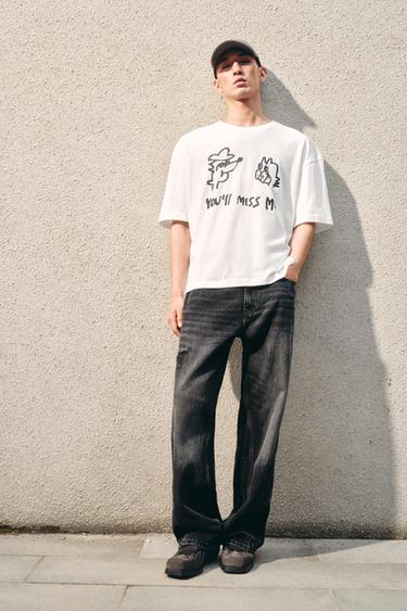 Zara 縫線設計 BAGGY FIT 吊襠牛仔褲 - 黑色