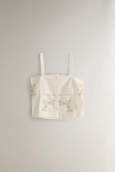 Zara COTTON TOP WITH EMBROIDERY - Ecru