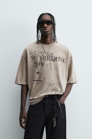 CAMISETA COM ESTAMPADO COMBINADO - Marrom-claro da Zara