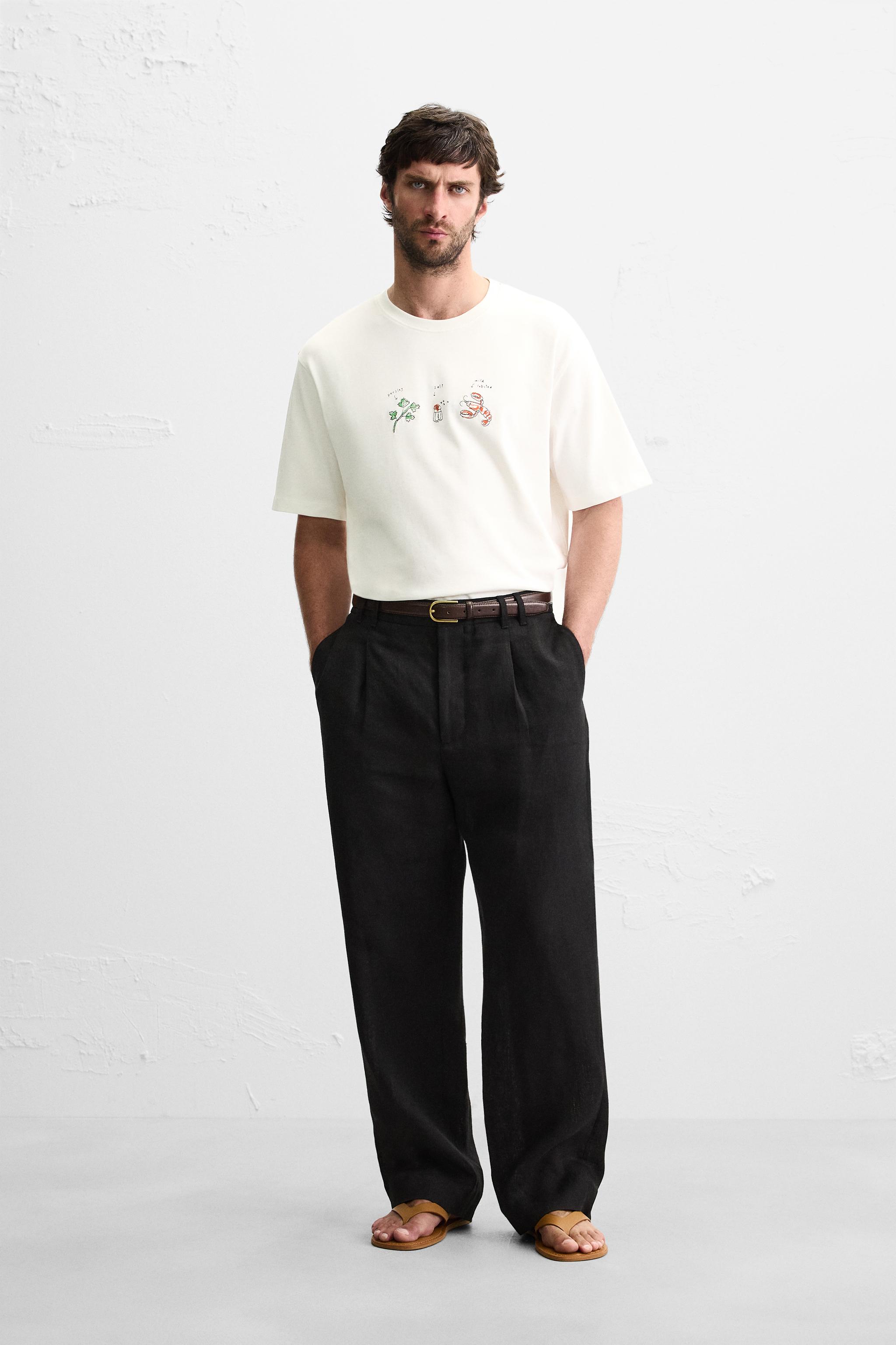 スペイン発送 ZARA コントラスト刺繍Tシャツ 上品カジュアル コントラスト刺繍Tシャツ - オフホワイト | ZARA Japan / 日本