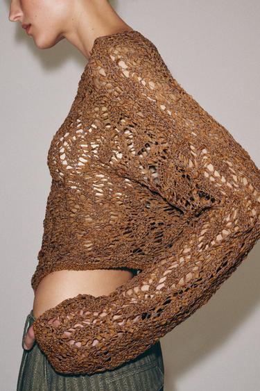 PULL EN MAILLE AJOURÉE À MANCHES ÉVASÉES - brique foncée de Zara - Image 4