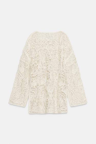 ROBE EN MAILLE AJOURÉE À POMPONS - Écru de Zara - Image 8