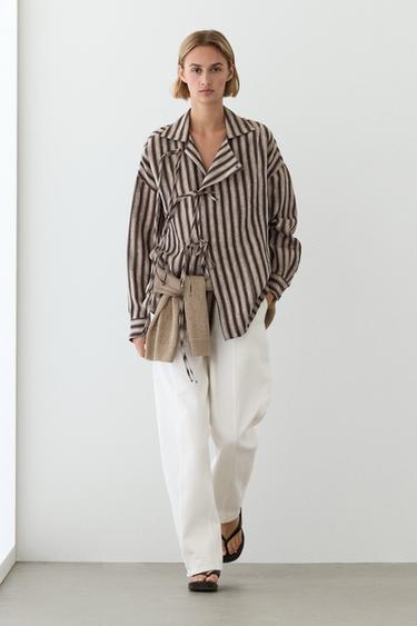 Zara Striped wrap shirt with tie detail - Black - Image 0