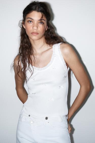 Zara RIBBED BOW LACE TOP - White