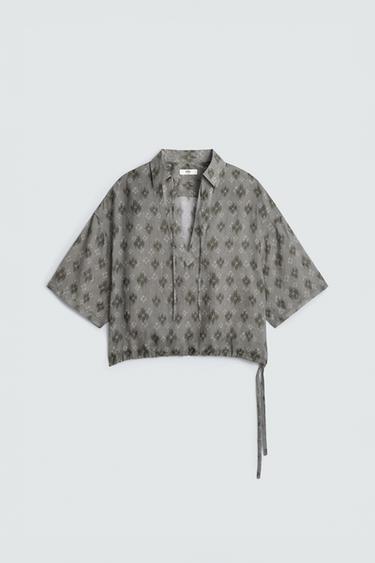 Zara 100% RAMIE BOXY FIT POLO SHIRT - Printed