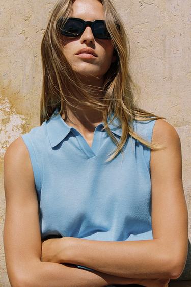 Zara KNIT POLO TOP - Light blue