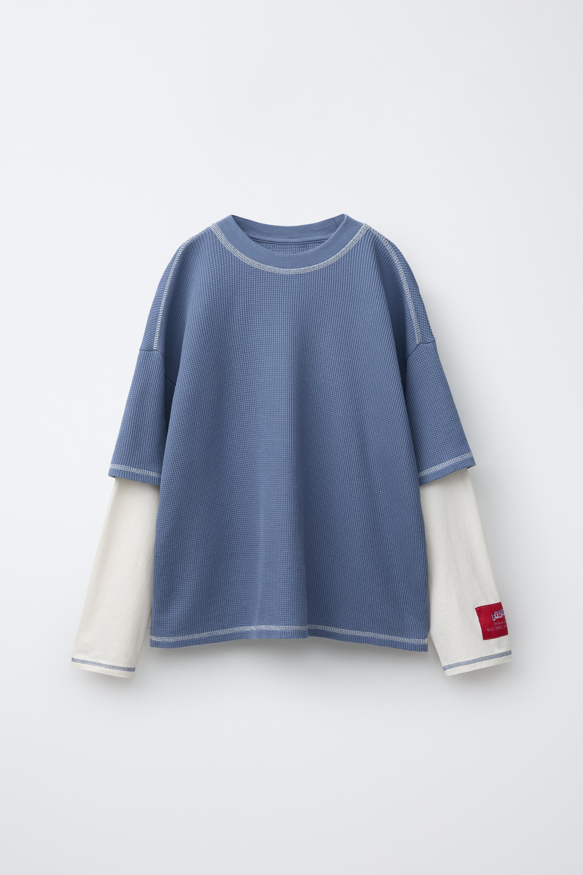 DOUBLE SLEEVE WAFFLE-KNIT T-SHIRT — Blue