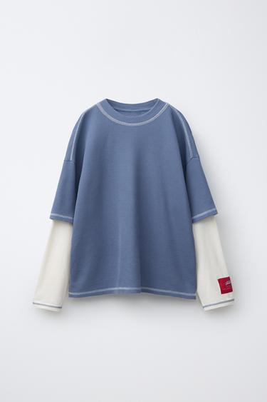 DOUBLE SLEEVE WAFFLE-KNIT T-SHIRT - Blue by Zara