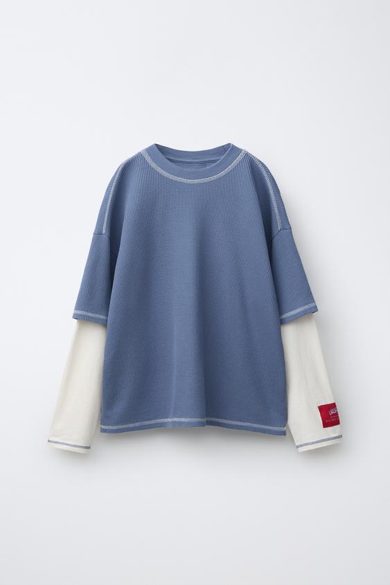 DOUBLE SLEEVE WAFFLE-KNIT T-SHIRT - Blue by Zara - Image 0