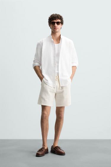 STRIPED TEXTURED BERMUDA SHORTS - Ecru by Zara - Image 0