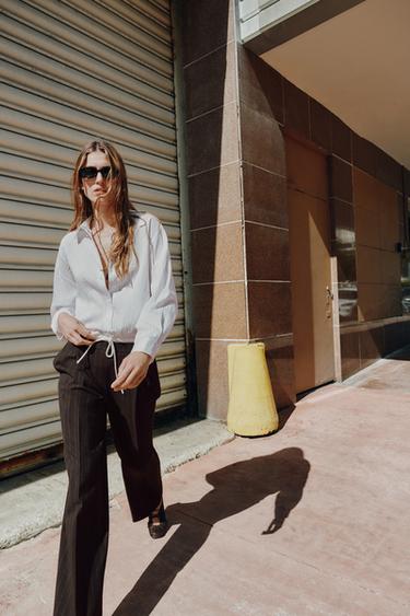 Zara 雙層腰身寬管長褲 - 棕色