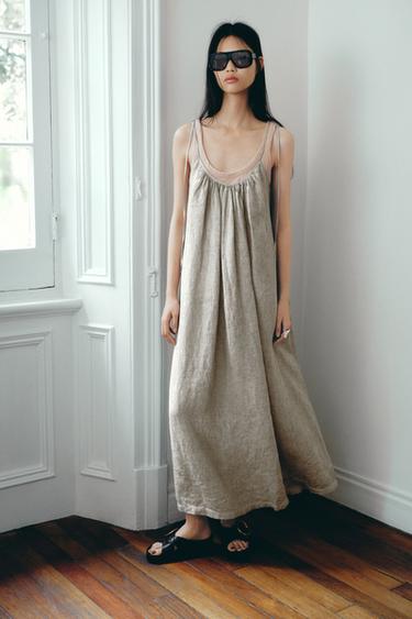 100%亞麻肩帶洋裝 ZW COLLECTION - 灰色 by Zara