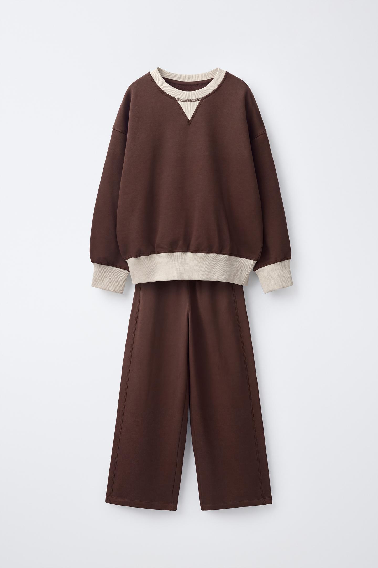 Детский комплект Zara Color Block Sweatshirt and Wide Leg Pants Set, цвет: Коричневый