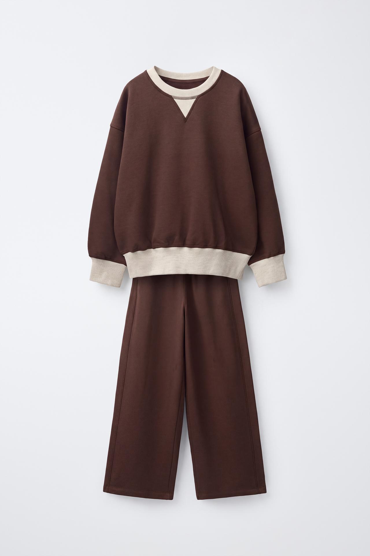 COLOR BLOCK SWEATSHIRT AND WIDE LEG PANTS SET — Brown