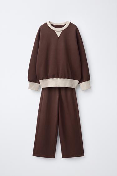 COLOR BLOCK SWEATSHIRT AND WIDE LEG PANTS SET — Brown 1