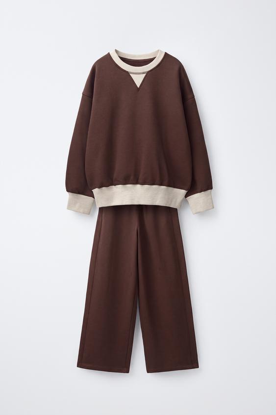 Детский комплект Zara Color Block Sweatshirt and Wide Leg Pants Set, цвет: Коричневый