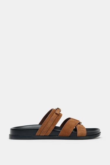 SPLIT SUEDE CROSS STRAP SANDALS - Dark tan by Zara