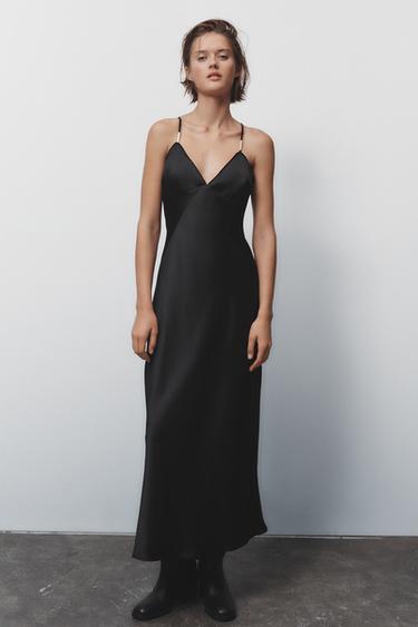 SATIN DRESS WITH METALLIC APPLIQUÉ - Black by Zara - Image 0