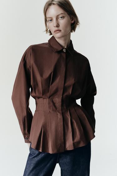 POPLIN SHIRT WITH PLEATS - Brown by Zara
