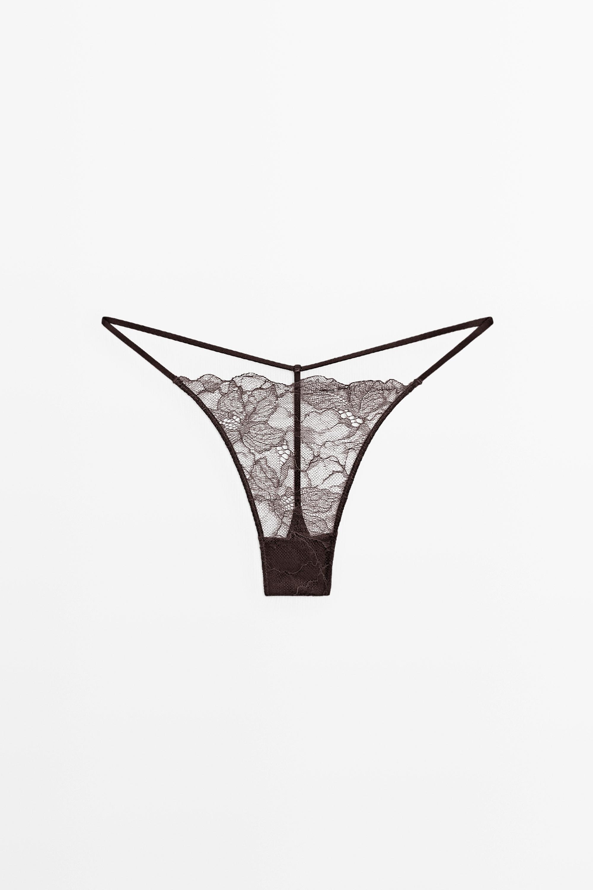Wavy-trim lace thong — Brown