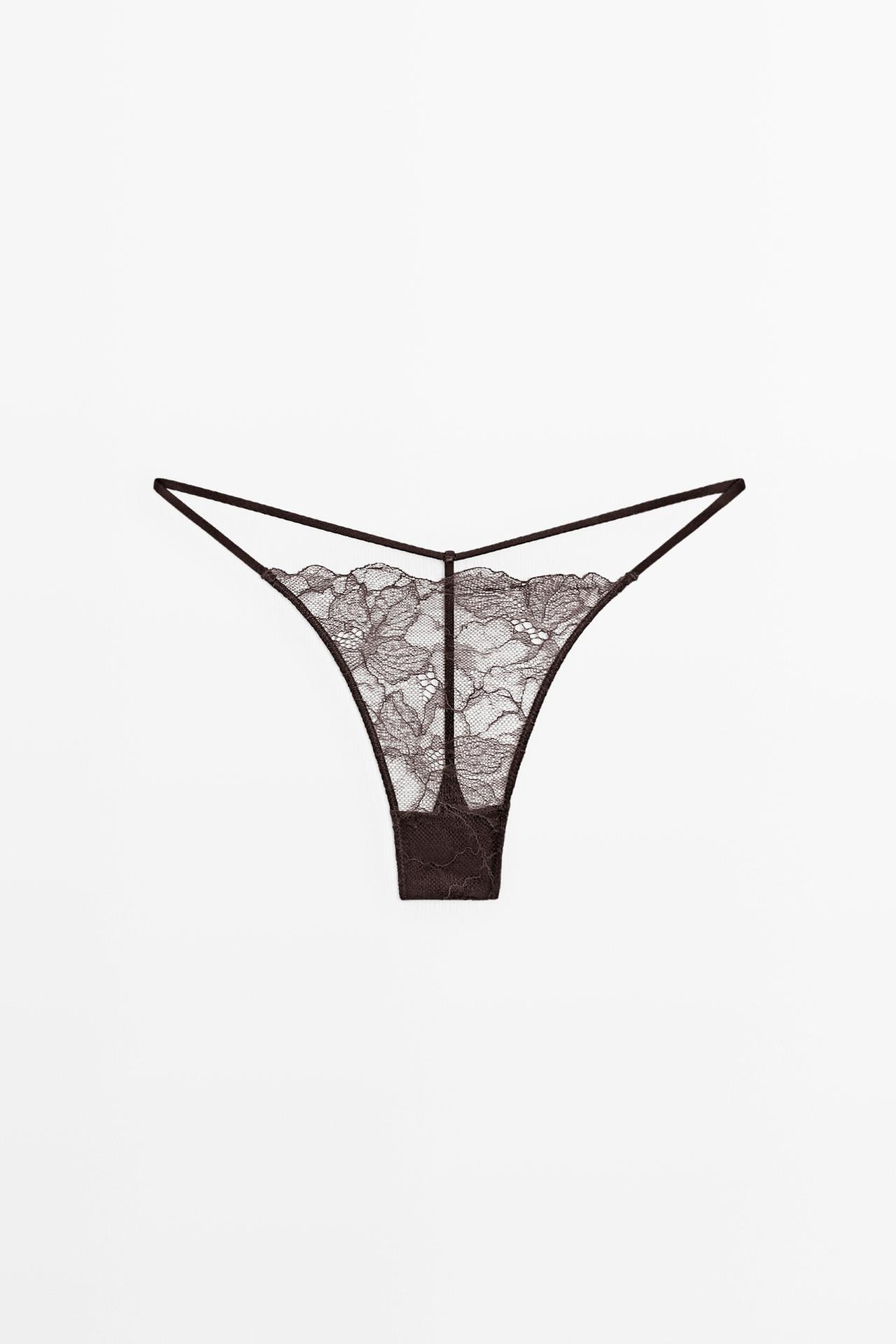 Wavy-trim lace thong — Brown