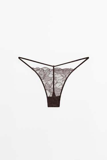 Zara Wavy-trim lace thong - Brown