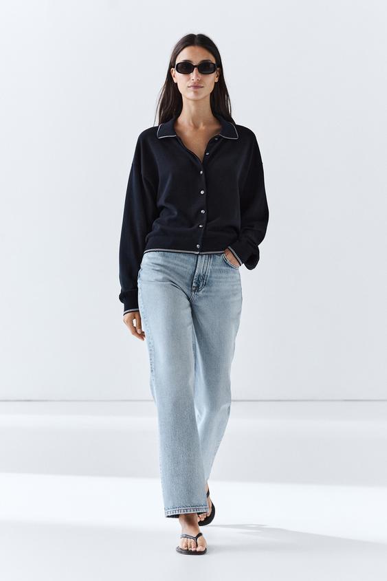 Zara 100% cotton contrast polo collar cardigan - Navy blue - Image 0