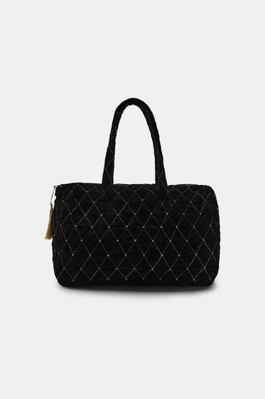 Zara SHINY QUILTED VELVET BAG - Black