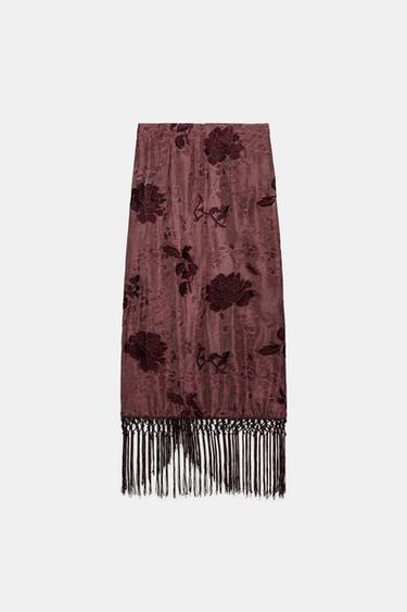 EMBROIDERED FRINGED SARONG SKIRT - Burgundy by Zara - Image 4