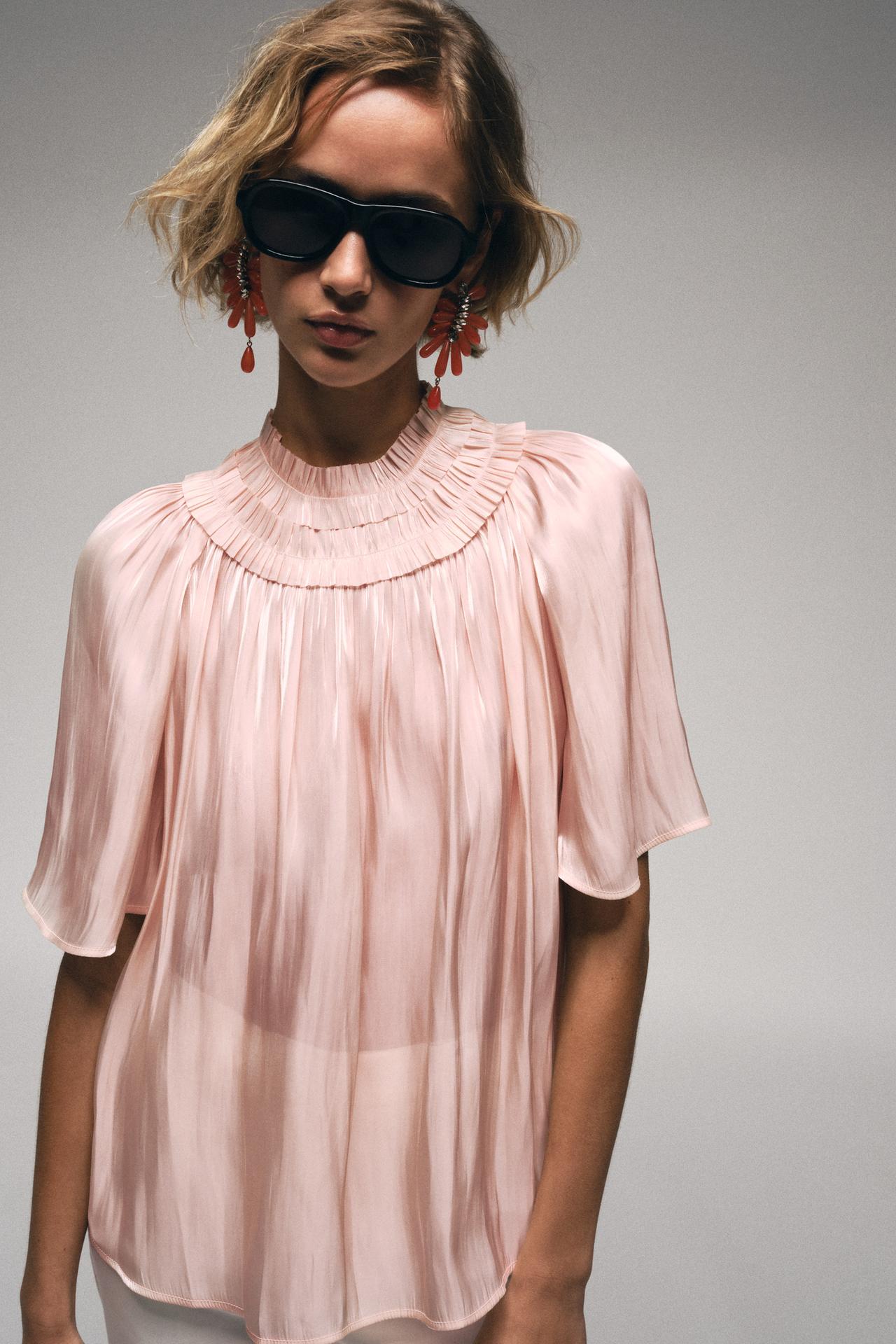 SHIMMER-EFFECT BLOUSE — Pastel pink