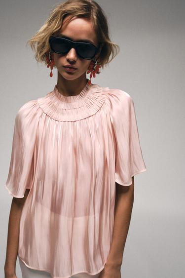Zara SHIMMER-EFFECT BLOUSE - Pastel pink