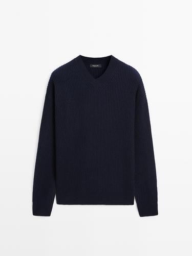 Jersey punto cuello pico mezcla lana - Marino de Zara