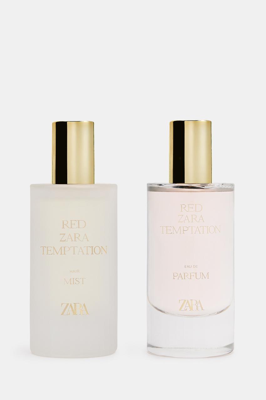 Perfume and mist bottles with "RED ZARA TEMPTATION" text, gold caps, white background.