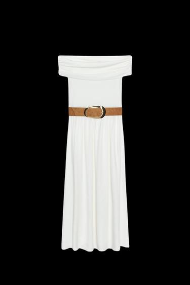 VESTIDO MIDI COMBINADO OFF SHOULDER CINTURÓN - Crudo de Zara - Imagen 0