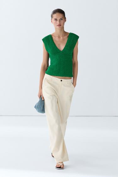 Zara Cotton blend V-neck knit top - Green - Image 0