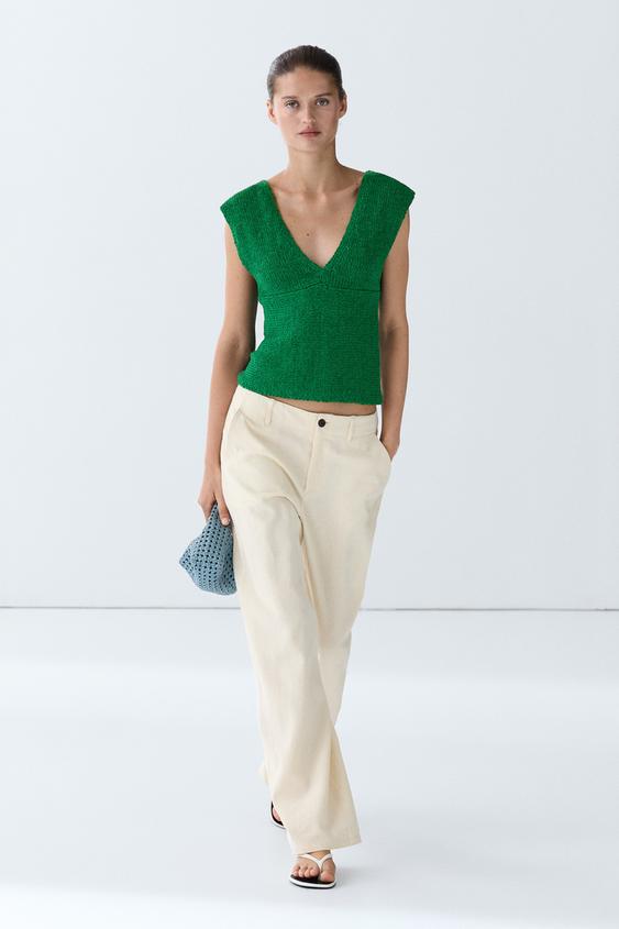 Top en maille de coton à col V - Vert de Zara - Image 0