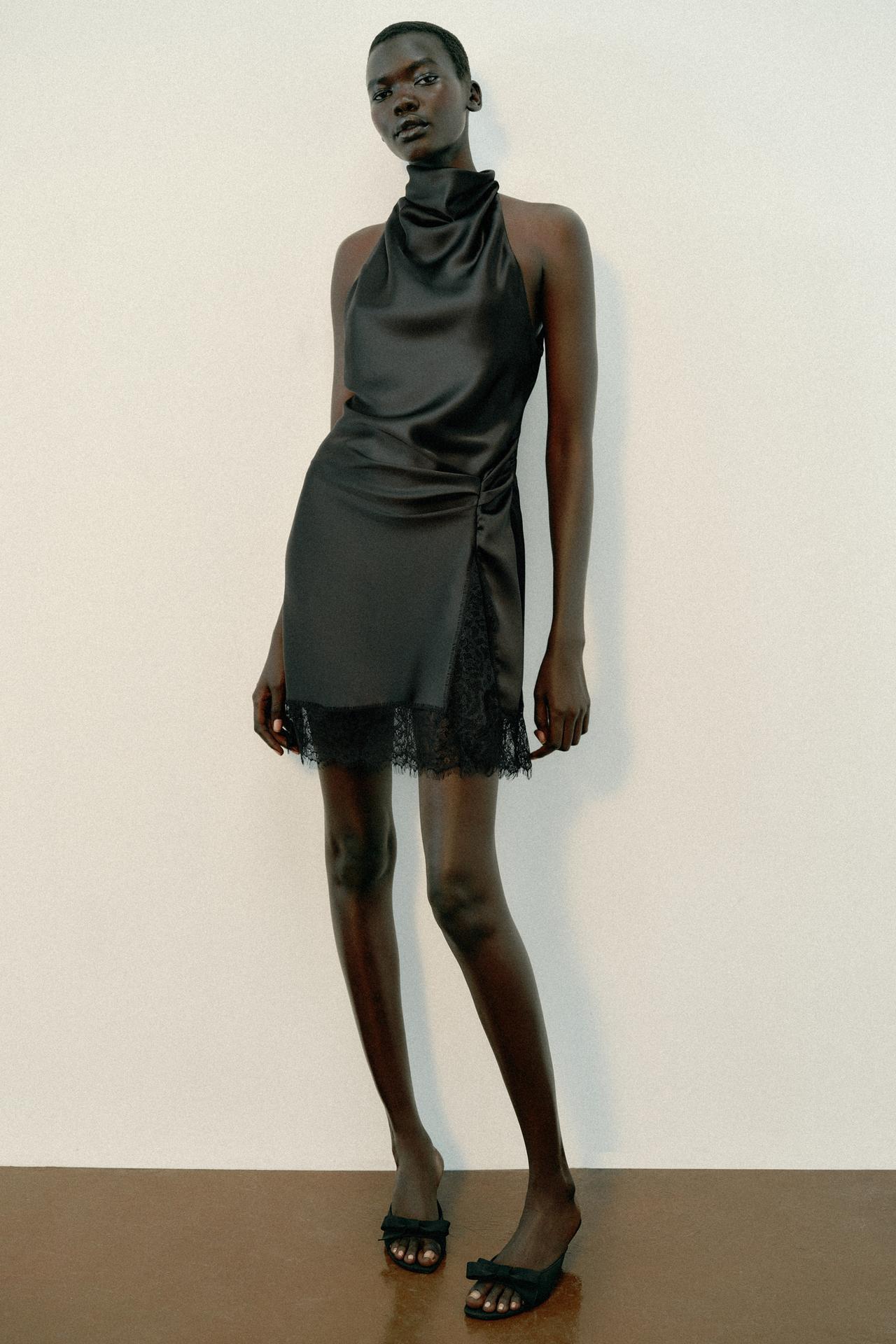 SATIN LACE HALTER DRESS — Black